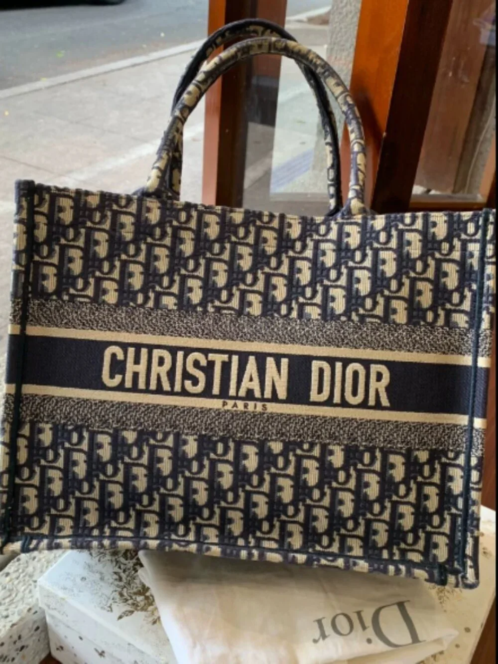 Dior Oblique Canvas Tote Bag Blue Black Handbag Pre-Owned